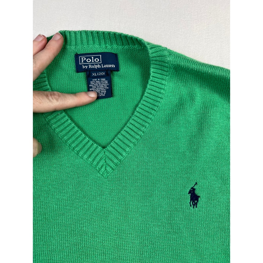 Polo Ralph Lauren Boys Green Pima Cotton V-Neck Sweater Size XL 20